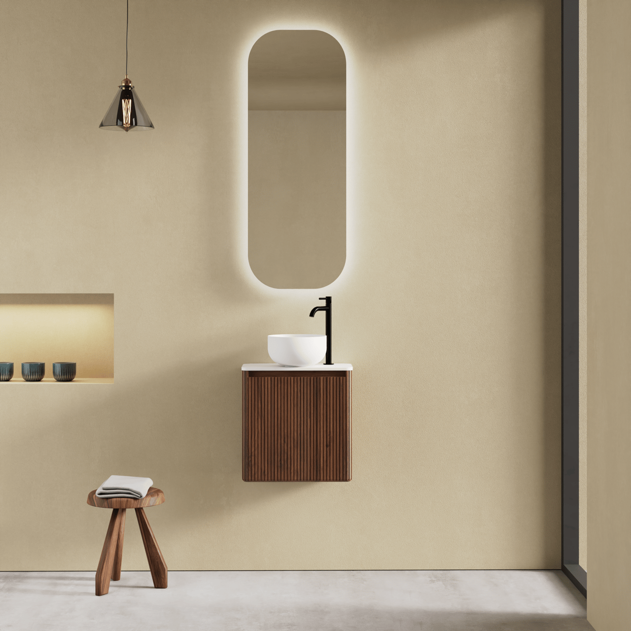 Balmani Fara hängender Waschbeckenunterschrank: amerikanischer Nussbaum, 45 x 22 cm, Vert. Sym. Rippe