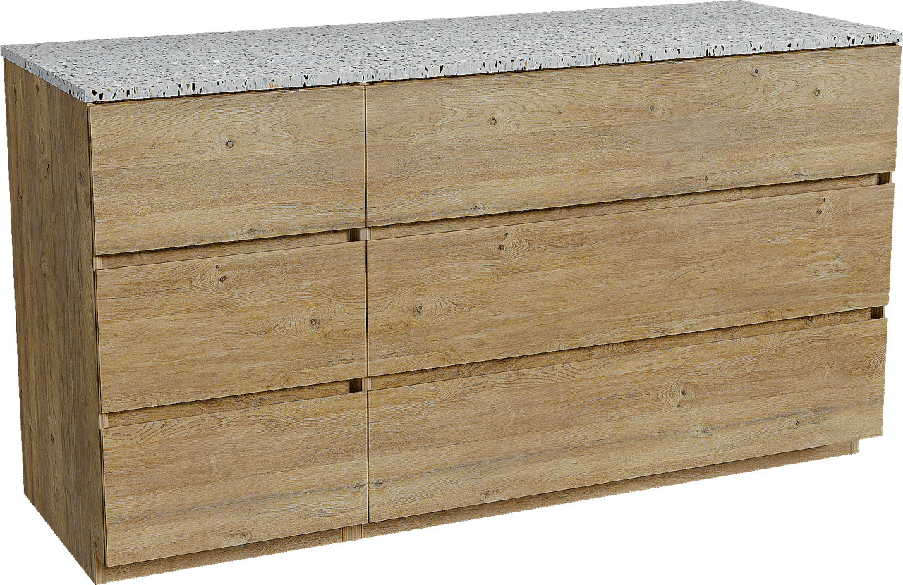 Storke Edge staand badmeubel 150 x 52 cm ruw eiken met Tavola enkel of dubbel wastafelblad in mat wit/zwart terrazzo