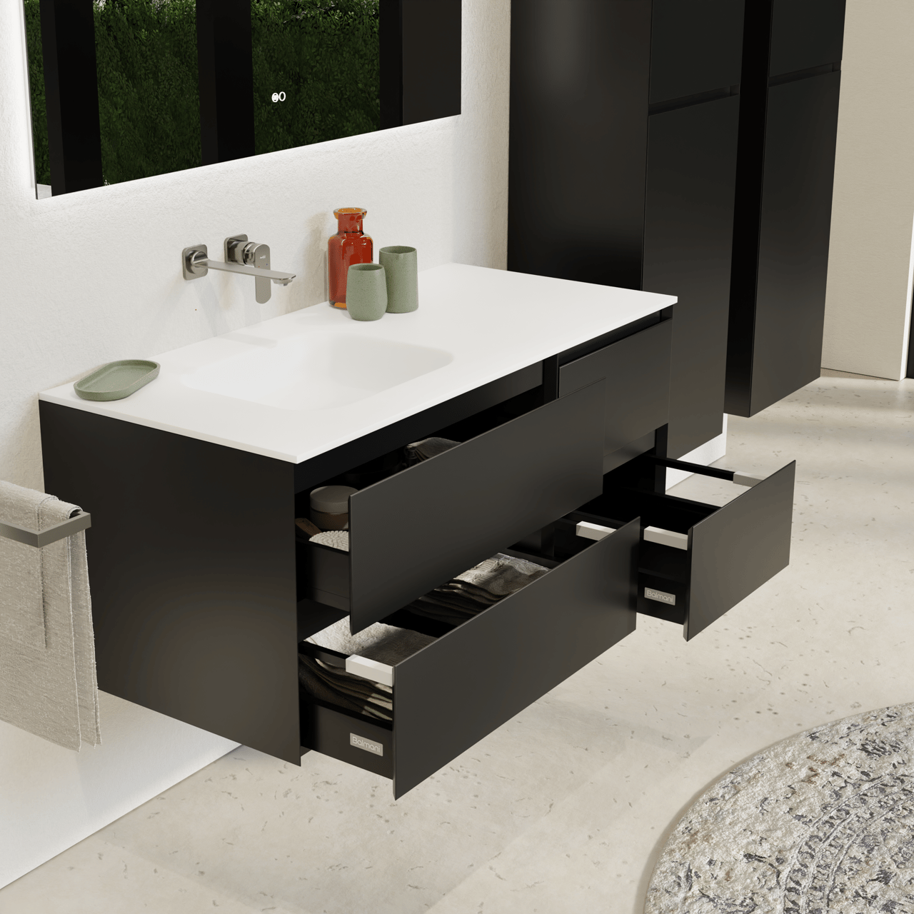 Balmani Mitra hängendes Möbelstück Set: 120 x 55 cm, Schwarz matt, mit Tablo Arcato Waschtisch links, Solid Surface Weiß matt