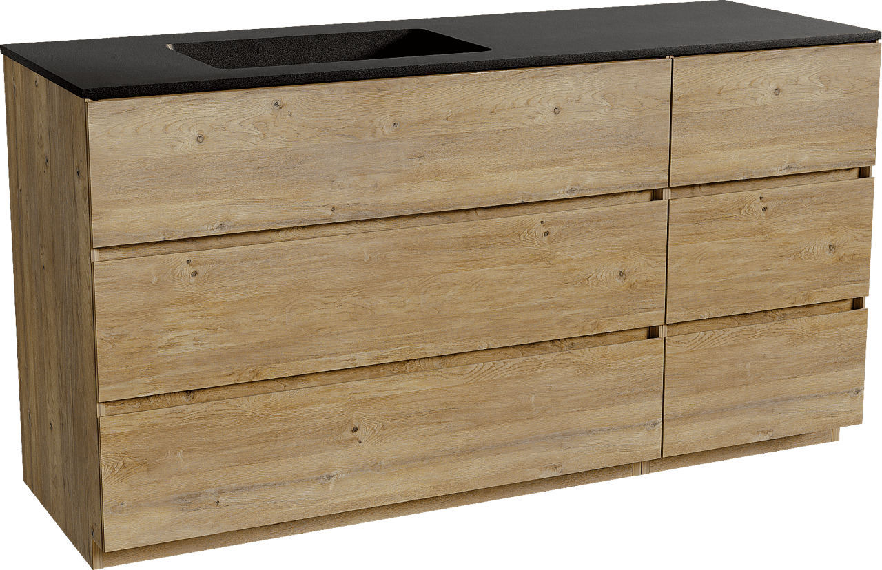 Storke Edge staand badmeubel 150 x 52 cm ruw eiken met Scuro asymmetrisch linkse wastafel in kwarts mat zwart