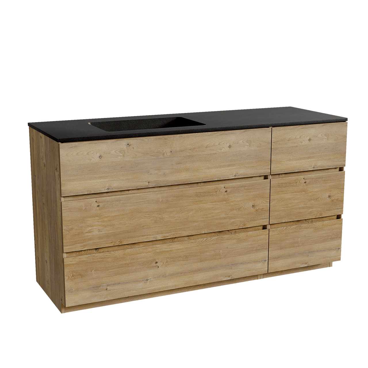 Storke Edge meuble salle de bains à poser 150 x 52 cm chêne brut avec Scuro vasque asymétrique gauche en quartz noir mat