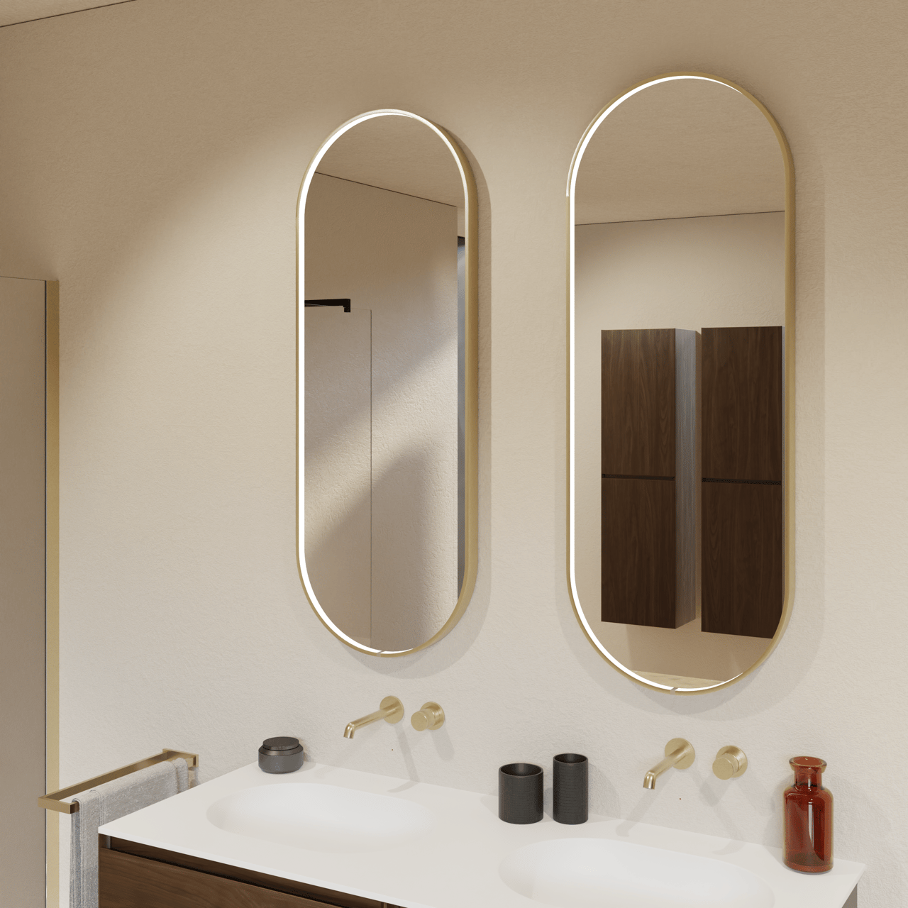 Balmani Secret oval Brushed Champagne Gold Badezimmerspiegel 45 x 120 cm mit Spiegelbeleuchtung und Anti-Beschlag Spiegelheizung