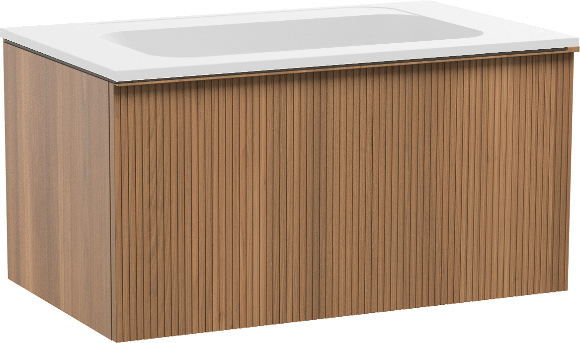 Balmani Forma zwevend badkamermeubel 90 x 55 cm teak met Tablo Strada enkele wastafel in composietmarmer mat wit, Verticale symmetrische rechte ribbel