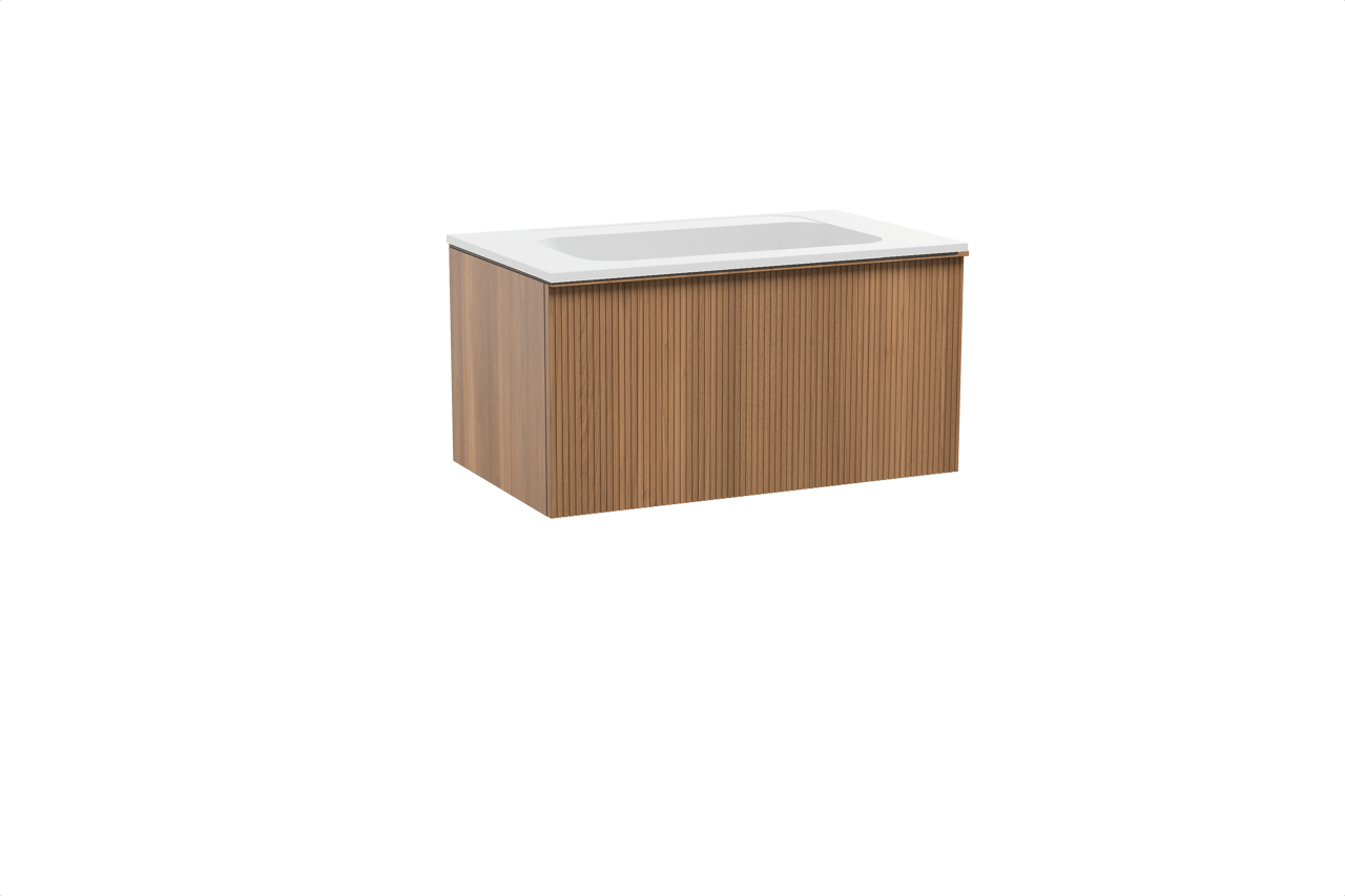 Balmani Forma hängendes Möbelstück Set: 90 x 55 cm, Teak, mit Tablo Strada Einzelwaschtisch, Marmorkomposit, Weiß matt, Vertikale symmetrische gerade Rippe