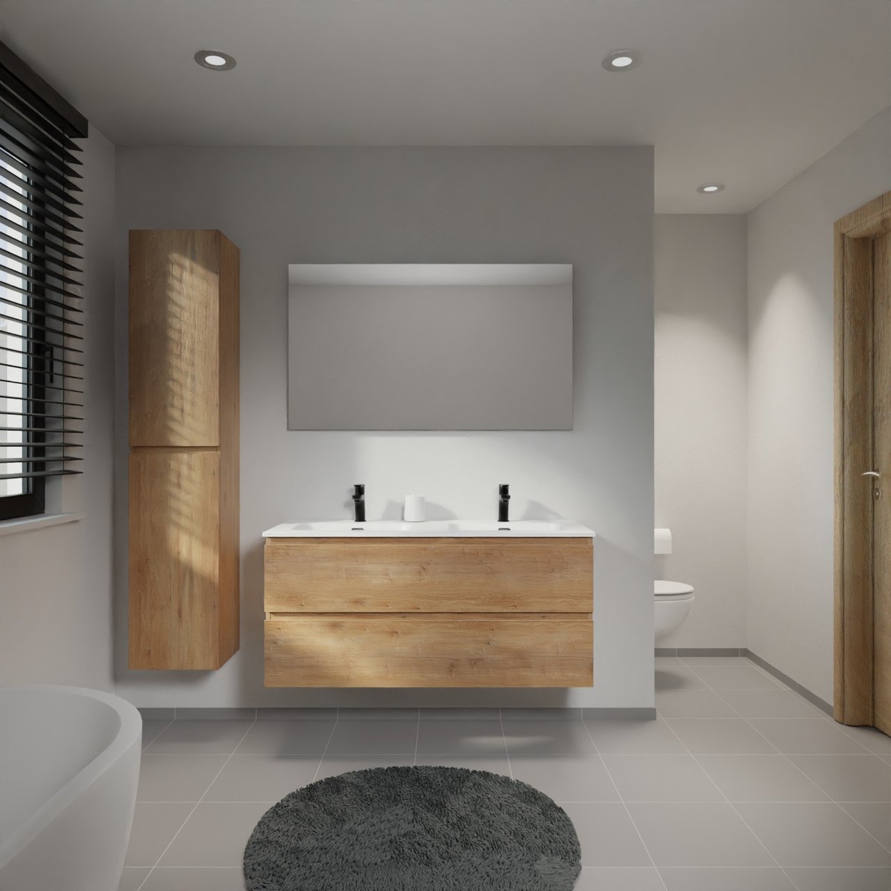 Linie Lado meuble salle de bains suspendu 120 x 46 cm chêne naturel avec Baro double vasque en porcelaine blanc mat