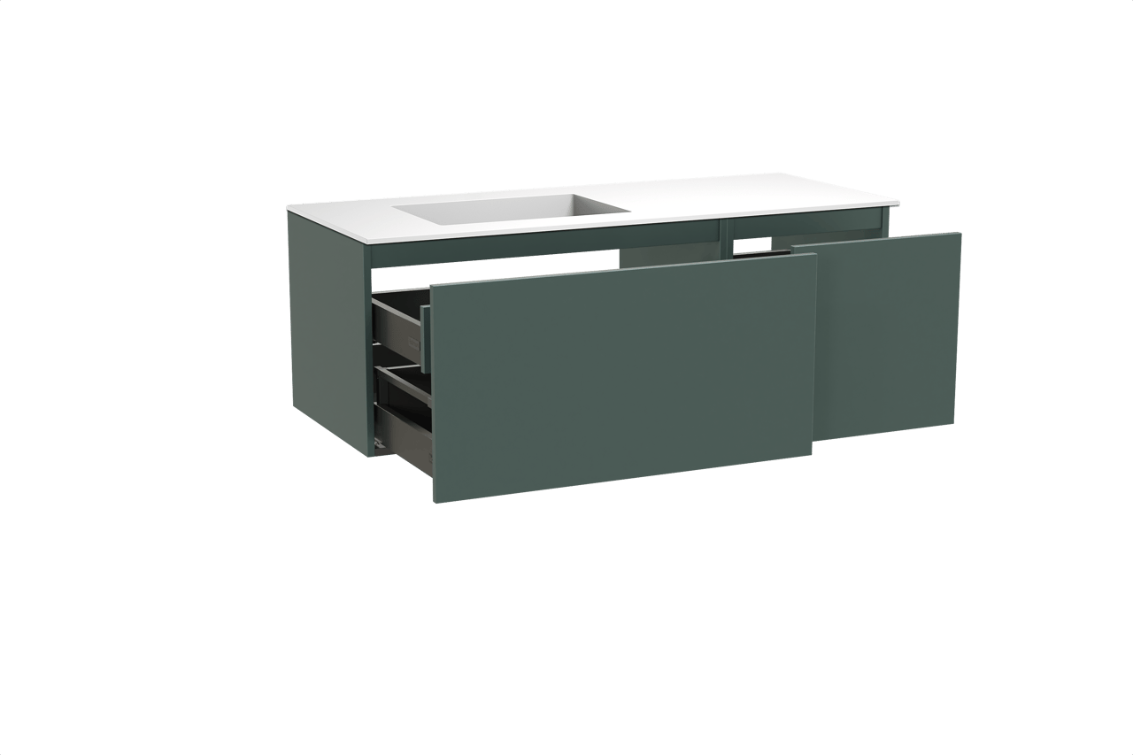 Balmani Sfera hängendes Möbelstück Set: 135 x 55 cm, Forest, mit Tablo Stretto Waschtisch links, Solid Surface Weiß matt