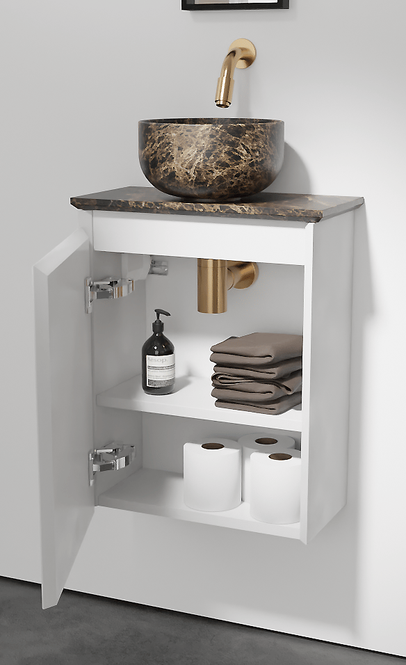 Balmani Mitra meuble wc suspendu 42 x 21 cm blanc mat avec Facetta tablette et Bowl vaque à poser en marbre Dark Emperador