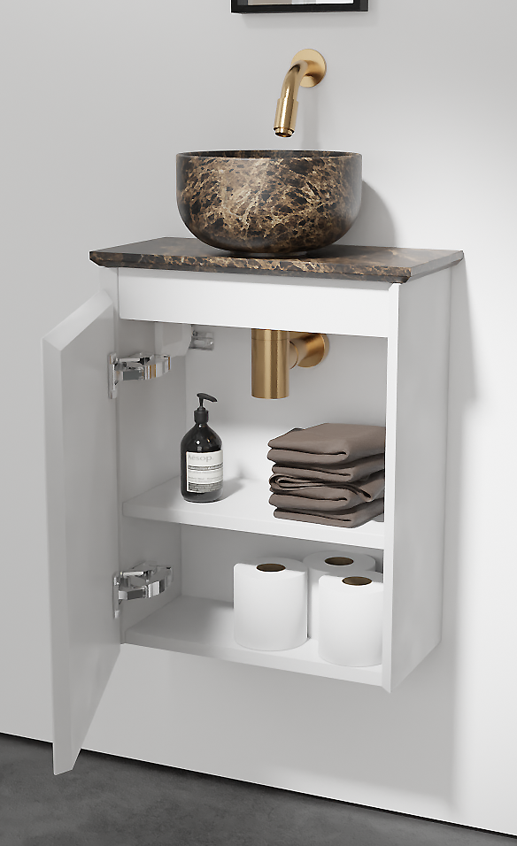 Balmani Mitra zwevend toiletmeubel 42 x 21 cm mat wit met Facetta tablet en Bowl waskom in Dark Emperador marmer