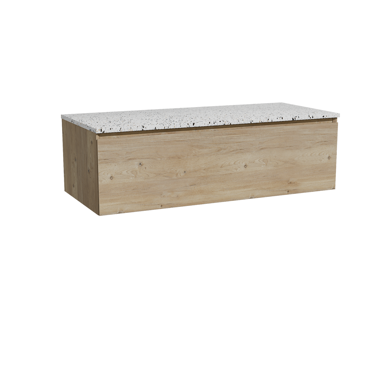 Storke Edge hängendes Möbelstück Set: 120 x 52 cm, Rohe Eiche, mit Tavola Einzel- oder Doppel Waschtischplatte, Terrazzo in Weiß/Schwarz matt