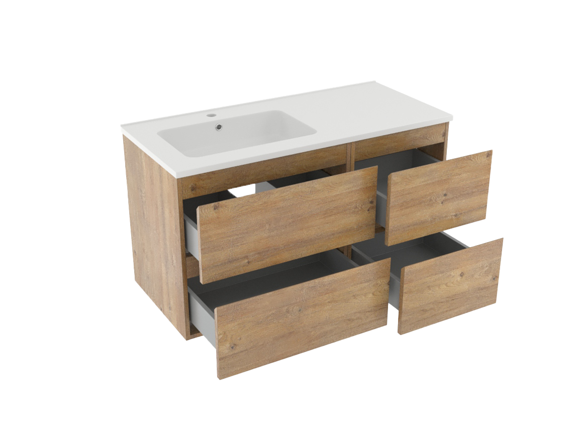 Linie Lado zwevend badkamermeubel 100 x 46 cm natuur eik met Vano asymmetrisch linkse wastafel in composietmarmer mat wit