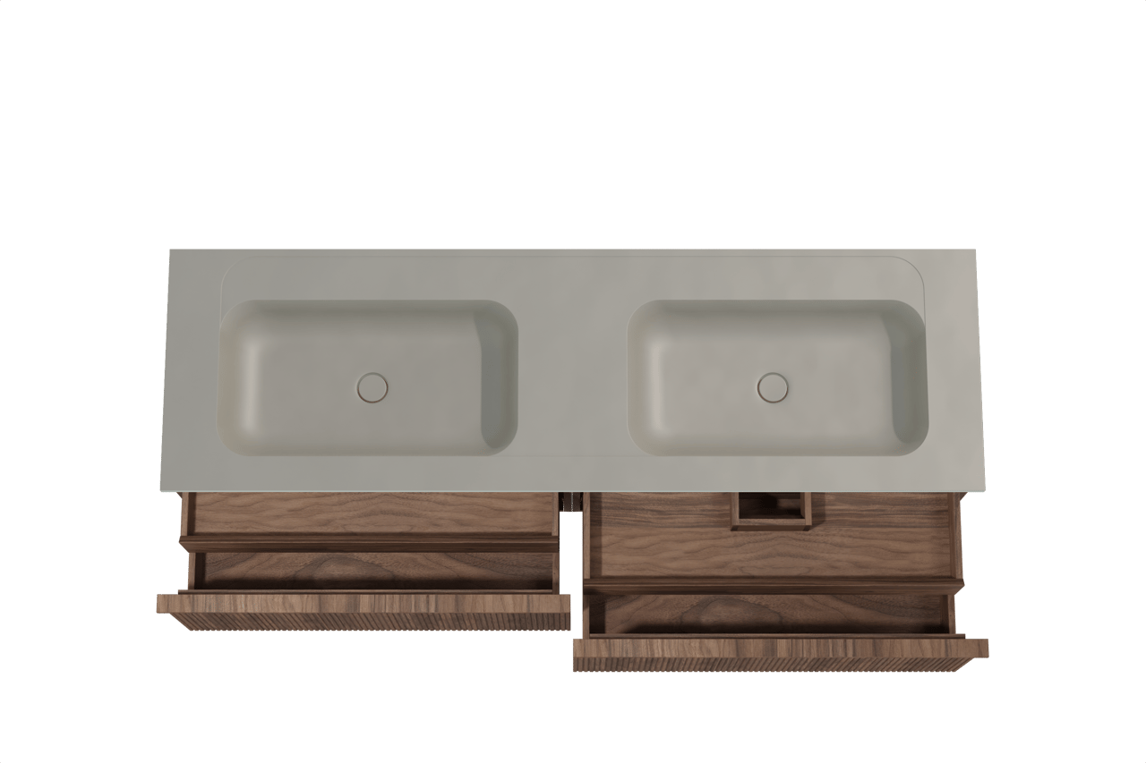 Balmani Forma meuble salle de bains suspendu 180 x 55 cm noyer américain avec Tablo Strada double vasque en marbre composite soie grise, Nervure droite symétrique verticale