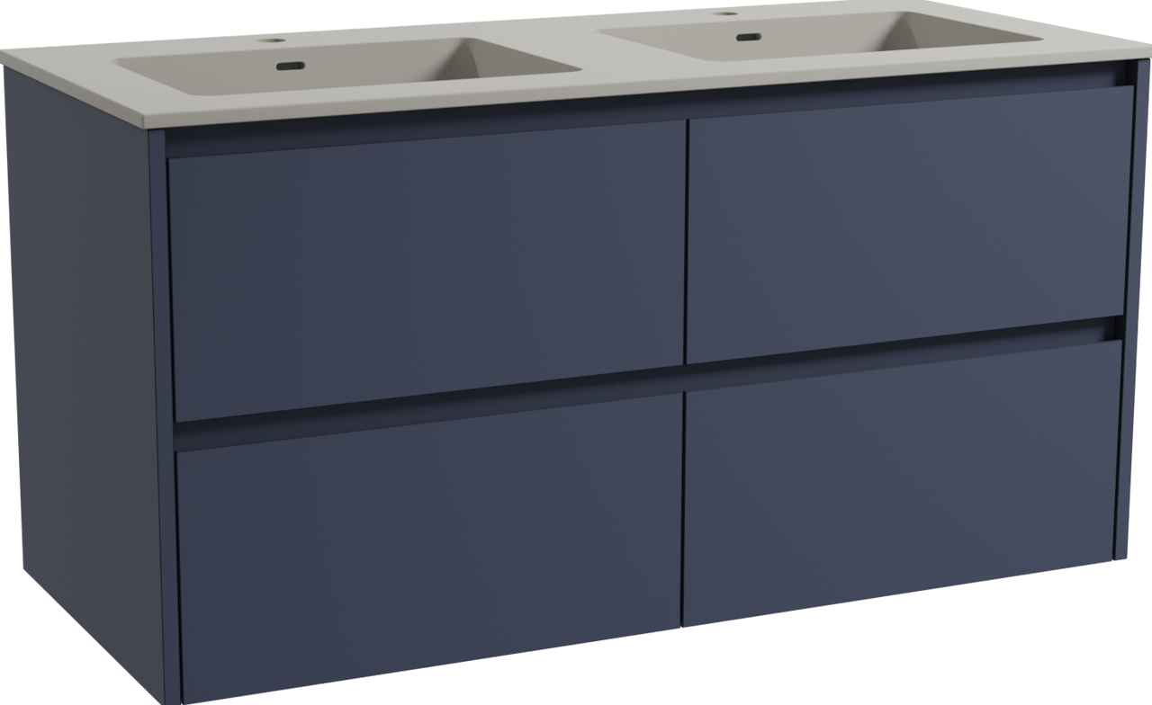 Storke Seda meuble salle de bains suspendu 120 x 52 cm bleu nuit avec Diva double vasque en top solid soie grise