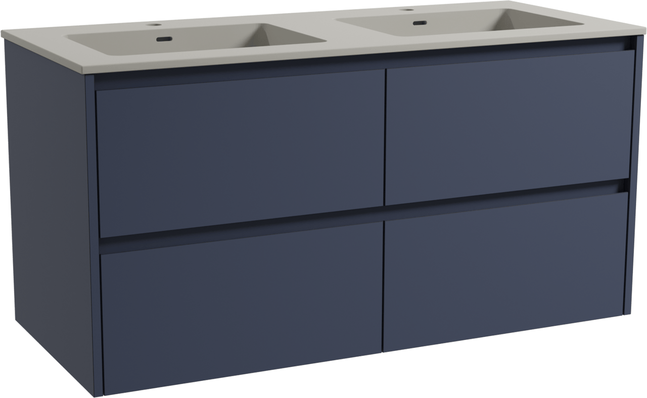 Storke Seda meuble salle de bains suspendu 120 x 52 cm bleu nuit avec Diva double vasque en top solid soie grise