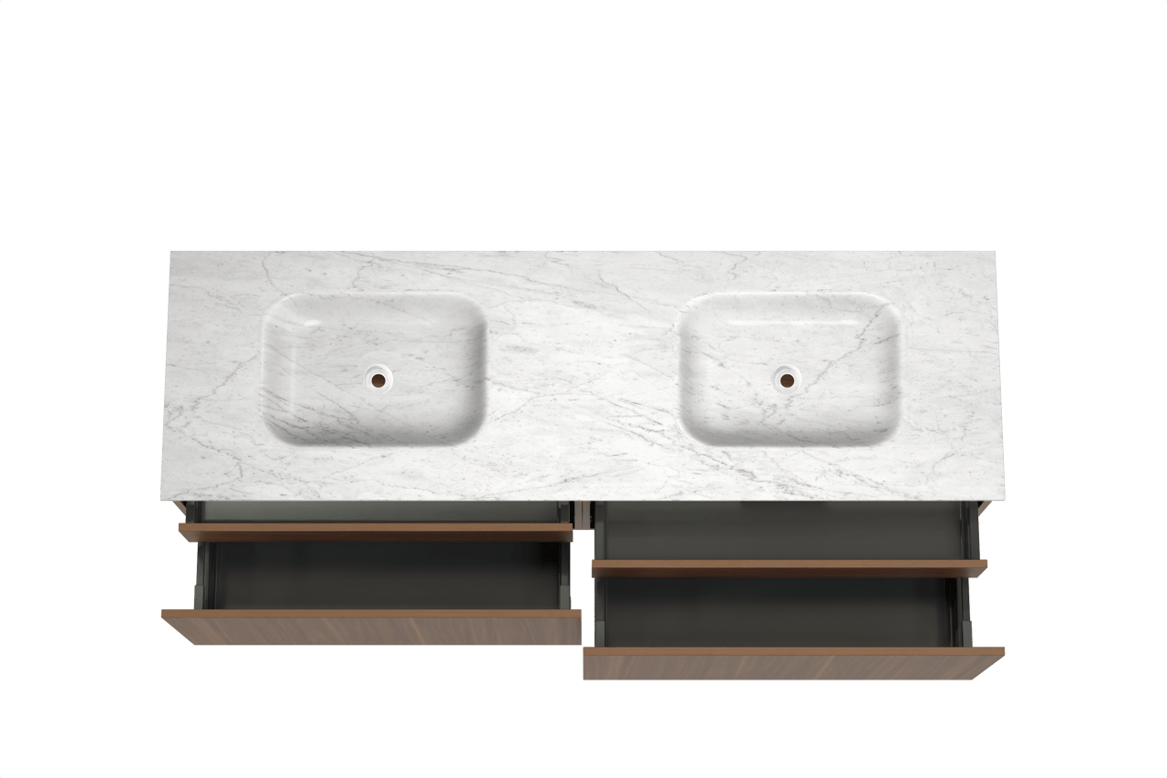 Balmani Sfera zwevend badkamermeubel 180 x 55 cm amerikaanse notelaar met Tablo Arcato dubbele wastafel in marmer carrara