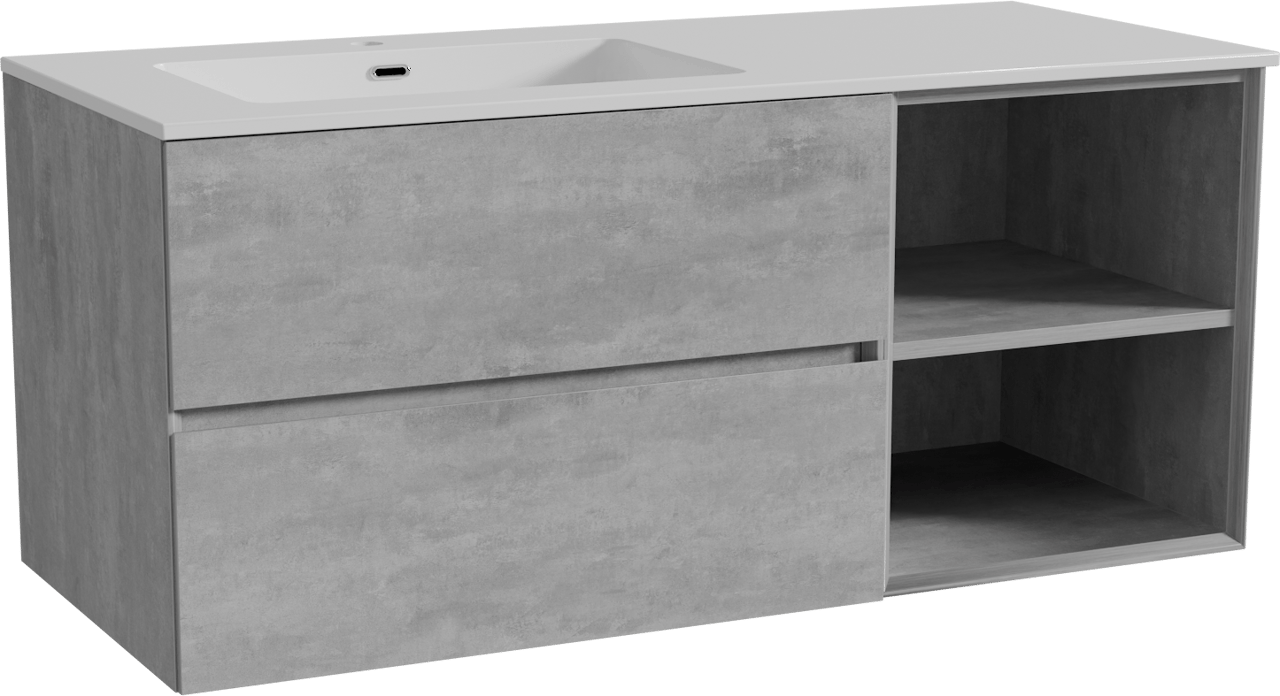 Storke Edge hängendes Möbelstück Set: 120 x 52 cm, Beton dunkelgrau, mit Diva Waschtisch links, Marmorkomposit Weiß glänzend