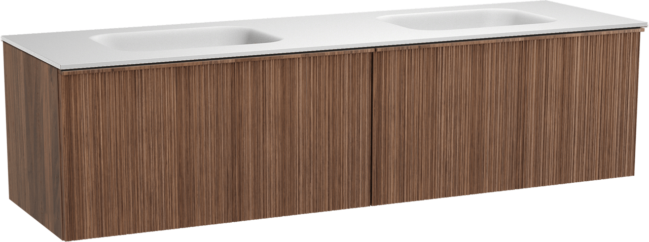 Balmani Forma zwevend badmeubel 180 x 55 cm amerikaans notenhout met Tablo Arcato dubbele wastafel in solid surface mat wit, Verticale asymmetrische ronde ribbel