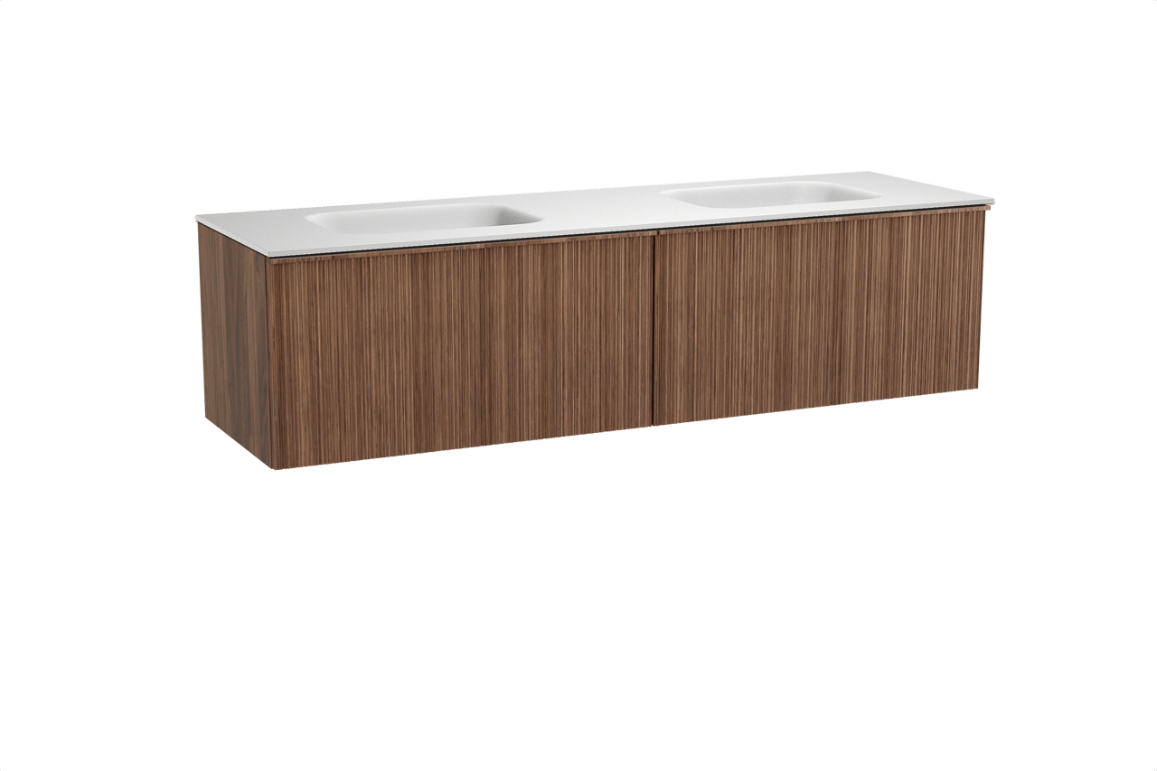 Balmani Forma meuble salle de bains suspendu 180 x 55 cm noyer américain avec Tablo Arcato double vasque en solid surface blanc mat, Nervure circulaire asymétrique verticale