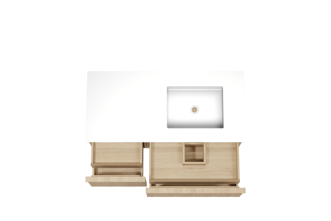 Balmani Forma zwevend badmeubel 120 x 55 cm naturel eiken met Tablo Stretto asymmetrisch rechtse wastafel in solid surface mat wit, Verticale asymmetrische ronde ribbel