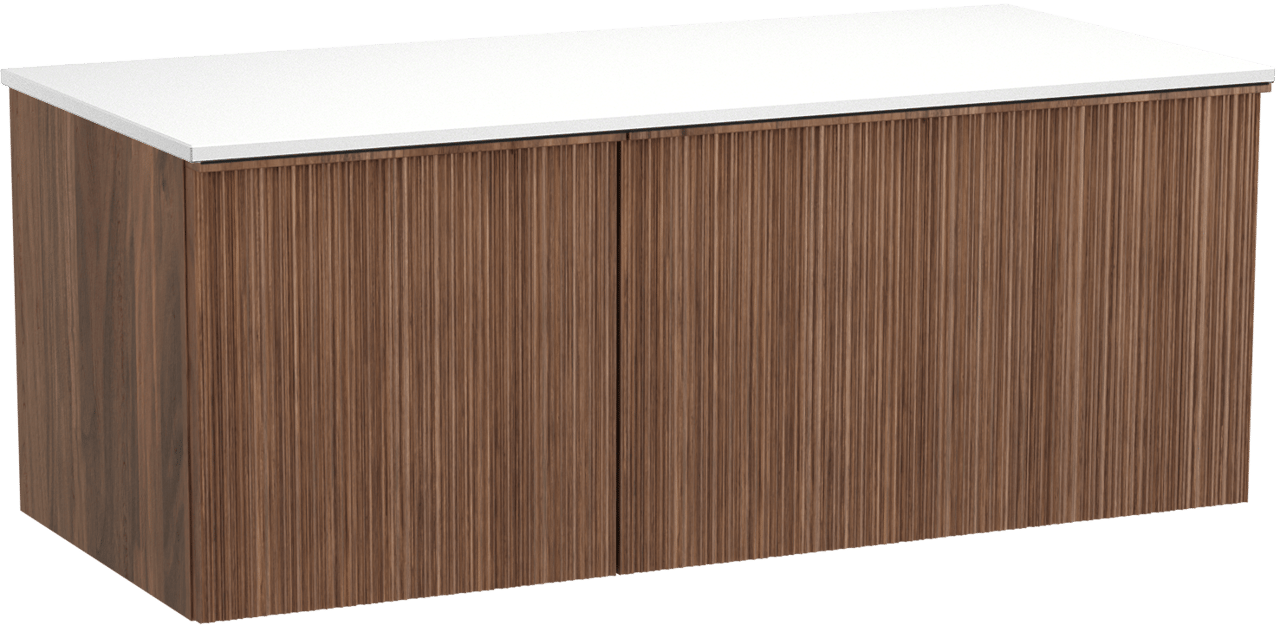 Balmani Forma zwevend badmeubel 120 x 55 cm amerikaans notenhout met Stretto enkel of dubbel wastafelblad in solid surface mat wit, Verticale asymmetrische ronde ribbel