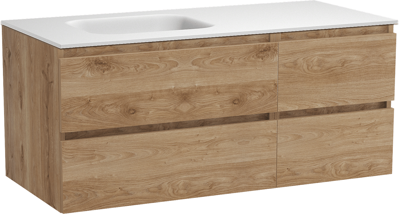 Balmani Lucida hängendes Möbelstück Set: 120 x 55 cm, Rohe Eiche, mit Tablo Arcato Waschtisch links, Solid Surface Weiß matt