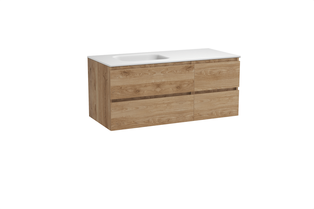 Balmani Lucida hängendes Möbelstück Set: 120 x 55 cm, Rohe Eiche, mit Tablo Arcato Waschtisch links, Solid Surface Weiß matt