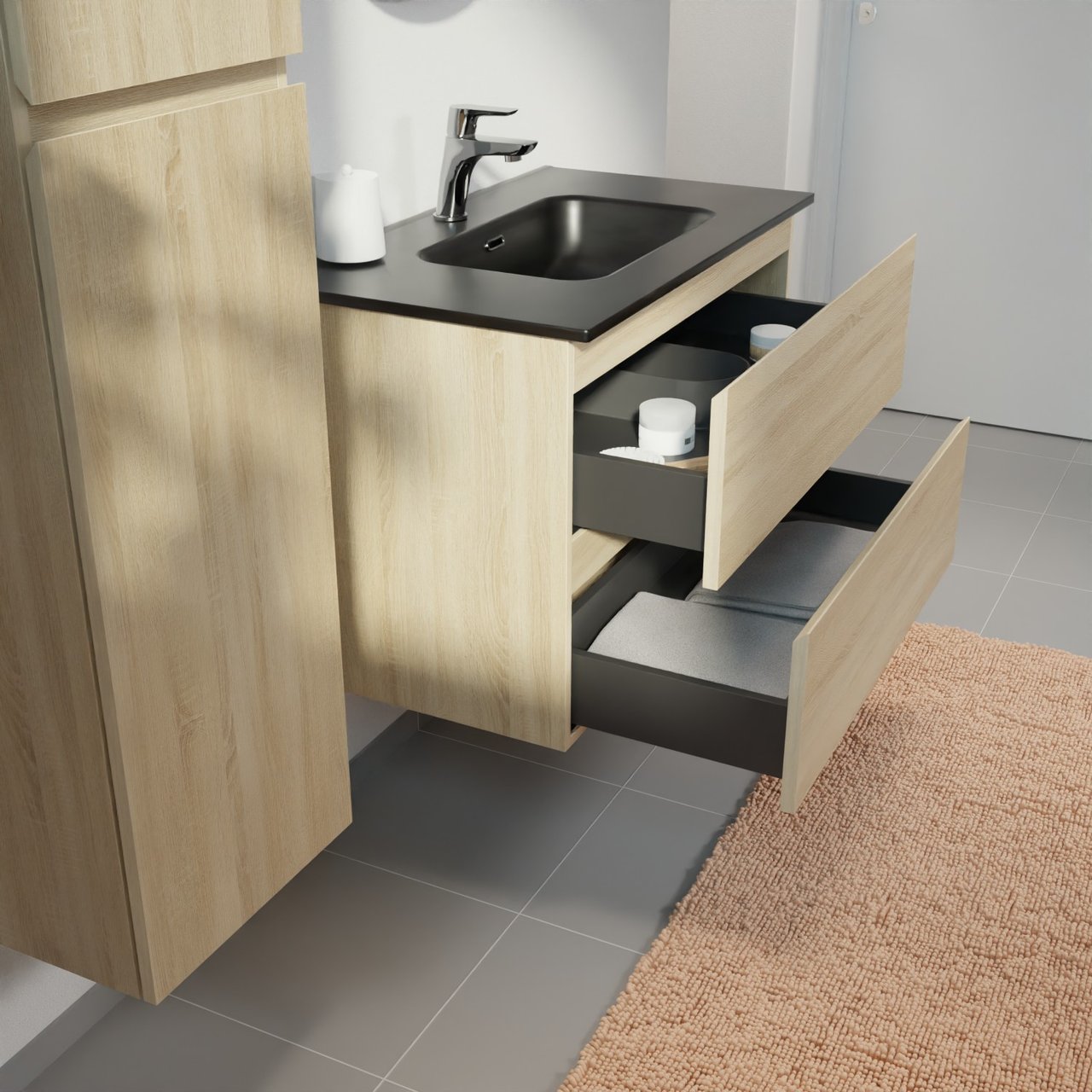 Linie Lado hängendes Möbelstück Set: 80 x 46 cm, Weiße Eiche, mit Baro Einzelwaschtisch, Porzellan Schwarz matt