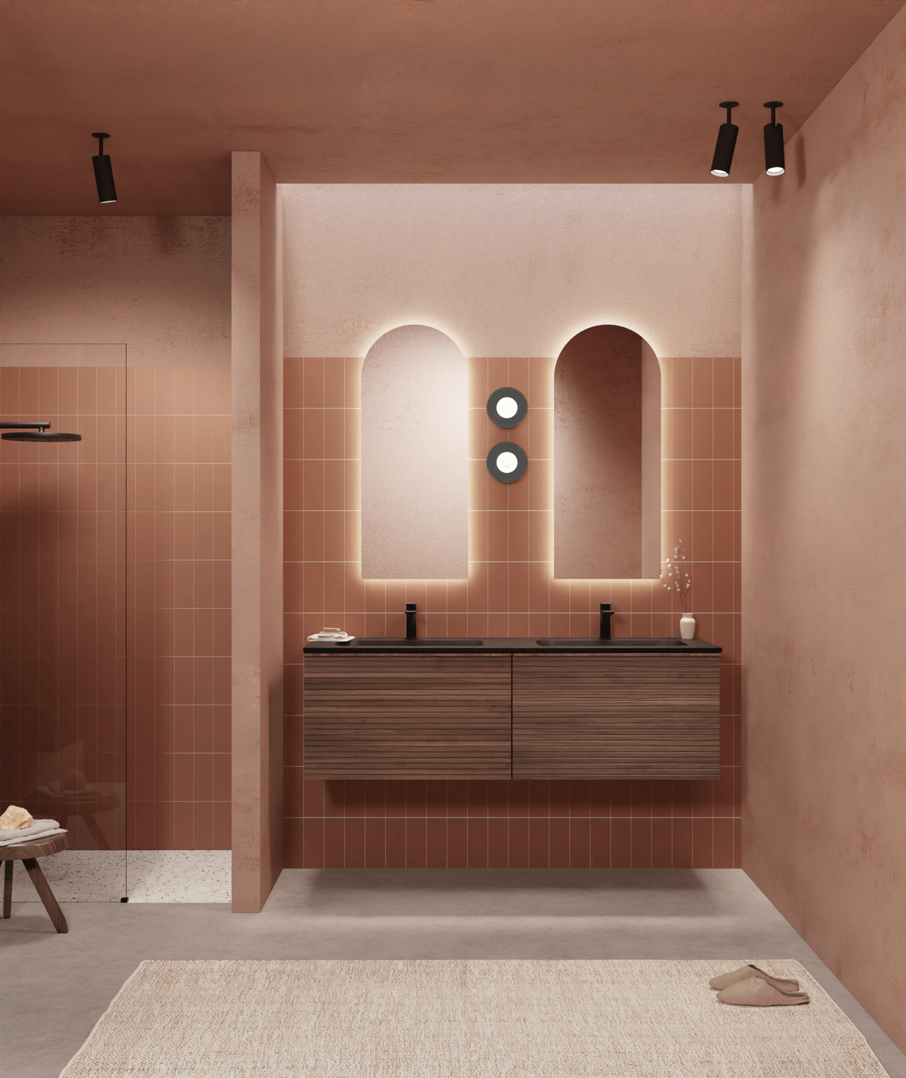 Balmani Forma hängender Waschbeckenunterschrank: horizontale Rippen, 75 x 55 cm, Amerikanischer Nussbaum, 2 Schubladen