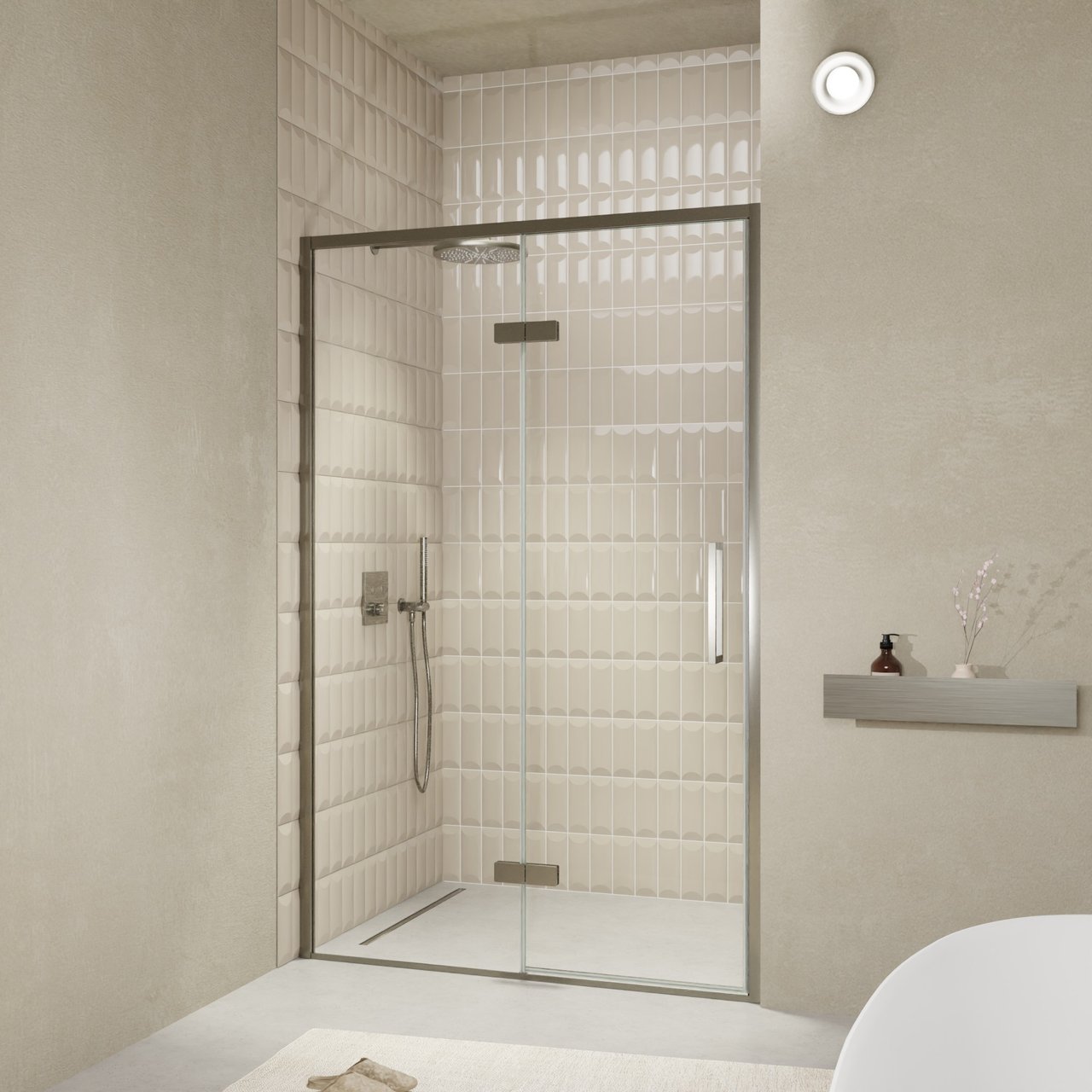 Balmani Senses Design Dusche Drehtür, Links, 140 cm x 210 cm, Klarglas, Profil Brushed GunMetal, inklusive Coating