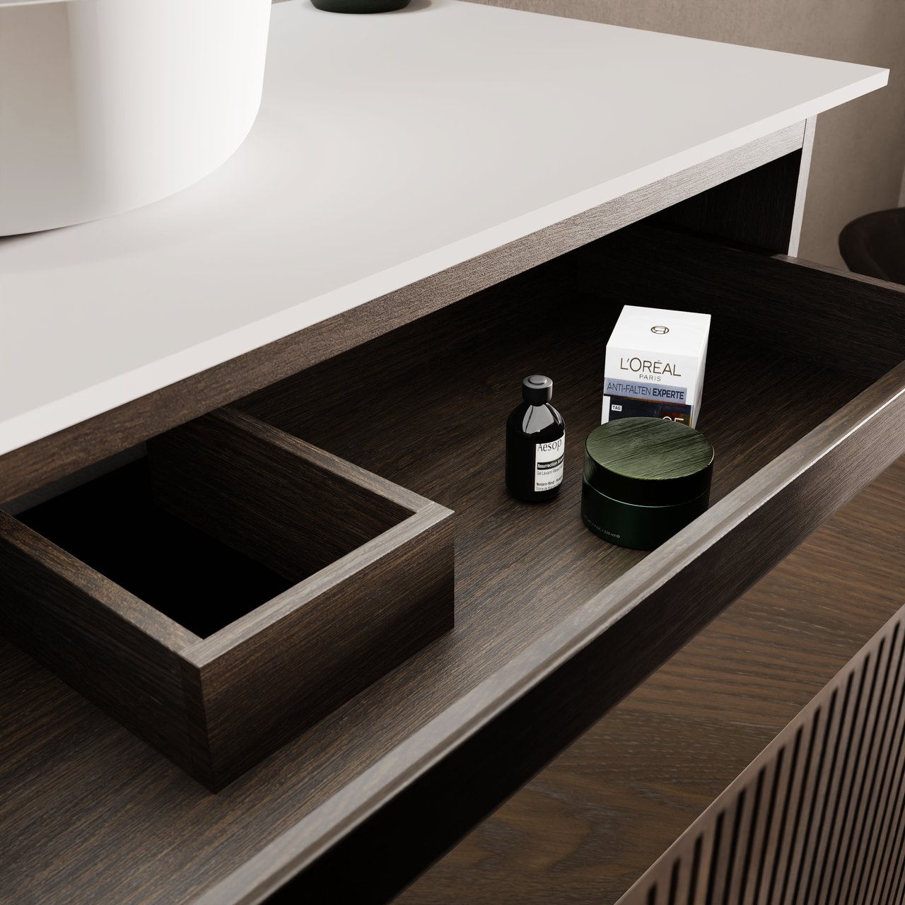 Balmani Forma meuble salle de bains suspendu 120 x 55 cm chêne fumé avec Tablo Arcato plan simple pour 2 trous de robinet en solid surface blanc mat, Nervure droite symétrique verticale