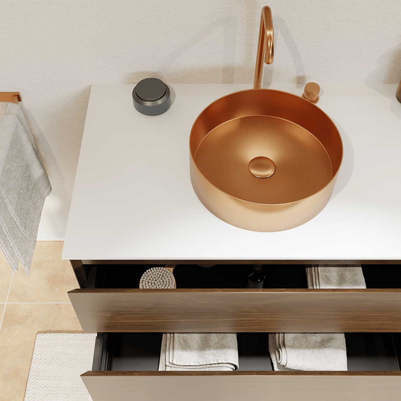 Balmani Mitra meuble salle de bains suspendu 180 x 55 cm noyer américain avec Stretto tablette simple ou double en solid surface blanc mat