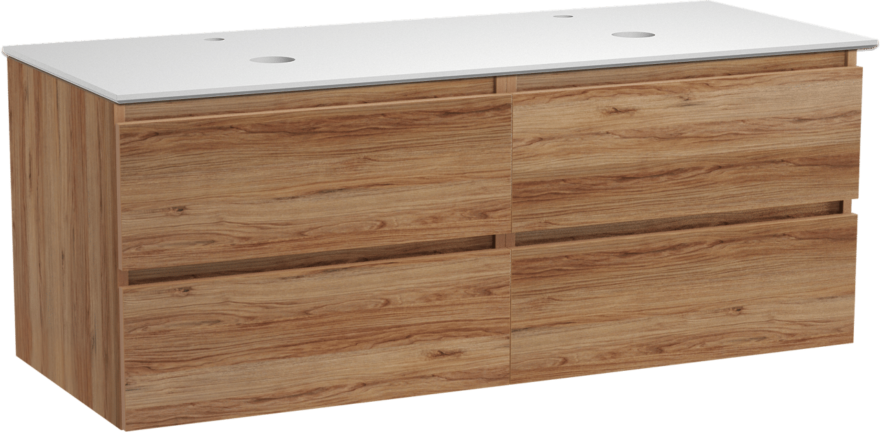 Balmani Lucida meuble salle de bains suspendu 135 x 55 cm teck avec Facetta tablette double en solid surface blanc mat
