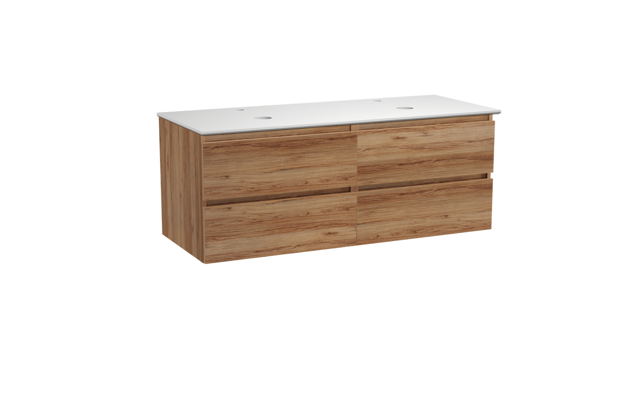 Balmani Lucida meuble salle de bains suspendu 135 x 55 cm teck avec Facetta tablette double en solid surface blanc mat