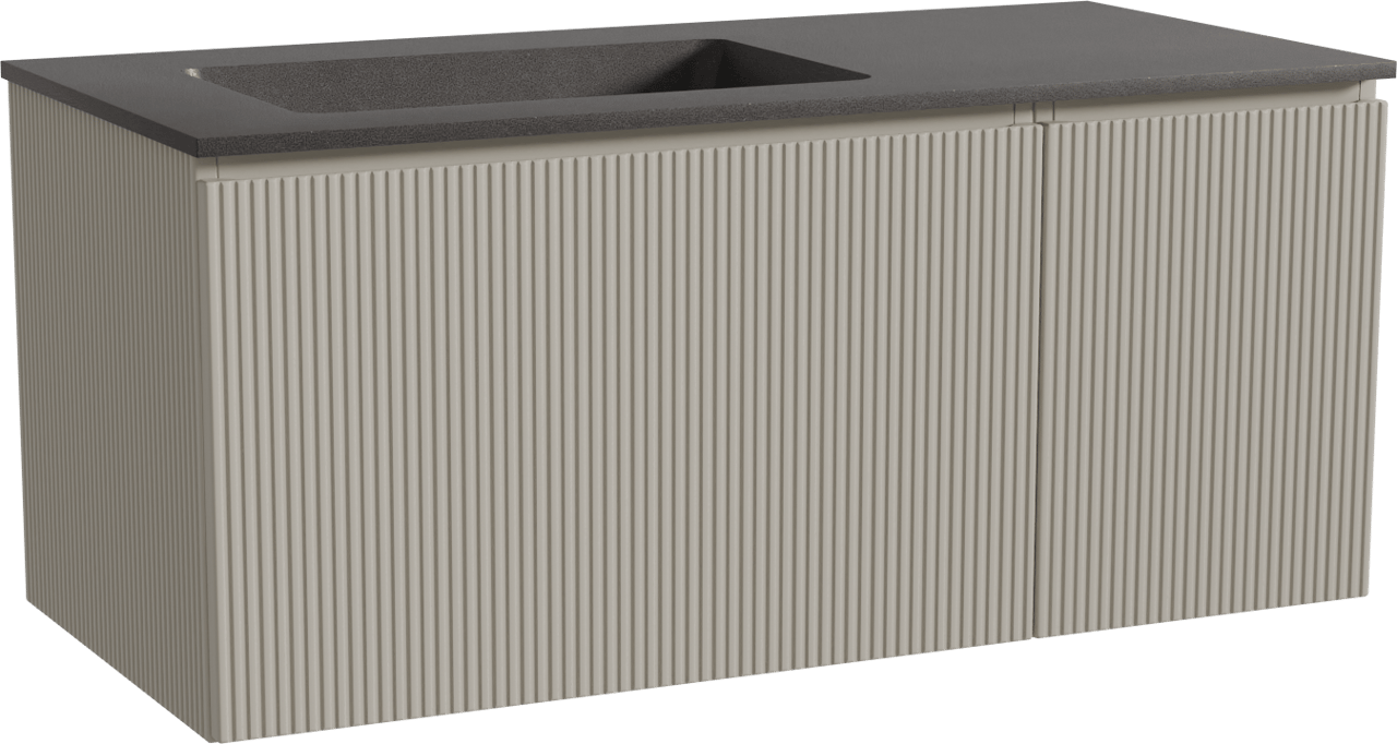 Storke Ribs meuble salle de bains suspendu 110 x 52 cm soie grise avec Scuro plan vasque asymétrique à gauche en quartz noir mat, Nervure droite symétrique verticale