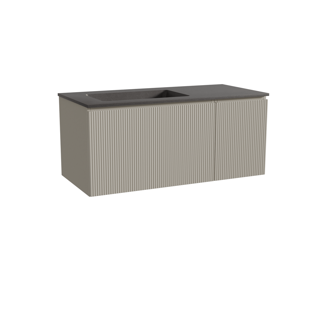 Storke Ribs zwevend badkamermeubel 110 x 52 cm zijdegrijs met Scuro asymmetrisch linkse wastafel in kwarts mat zwart, Verticale symmetrische rechte ribbel