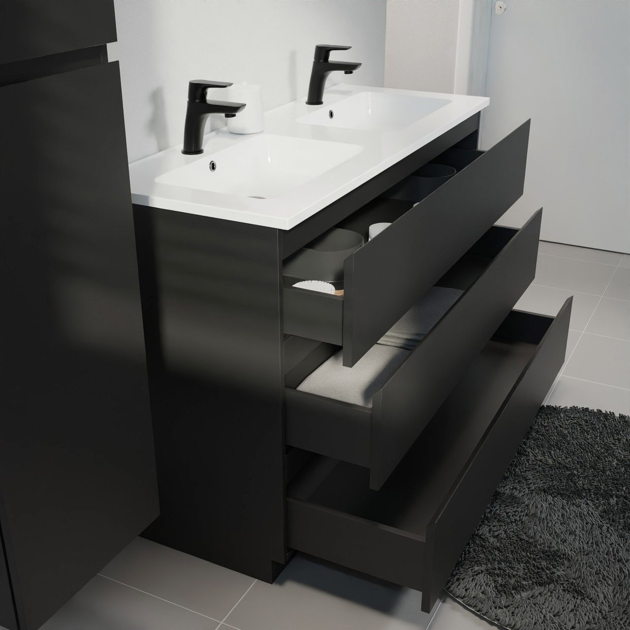 Linie Lado meuble salle de bains à poser 120 x 46 cm noir mat avec Vano double vasque en marbre composite blanc brillant