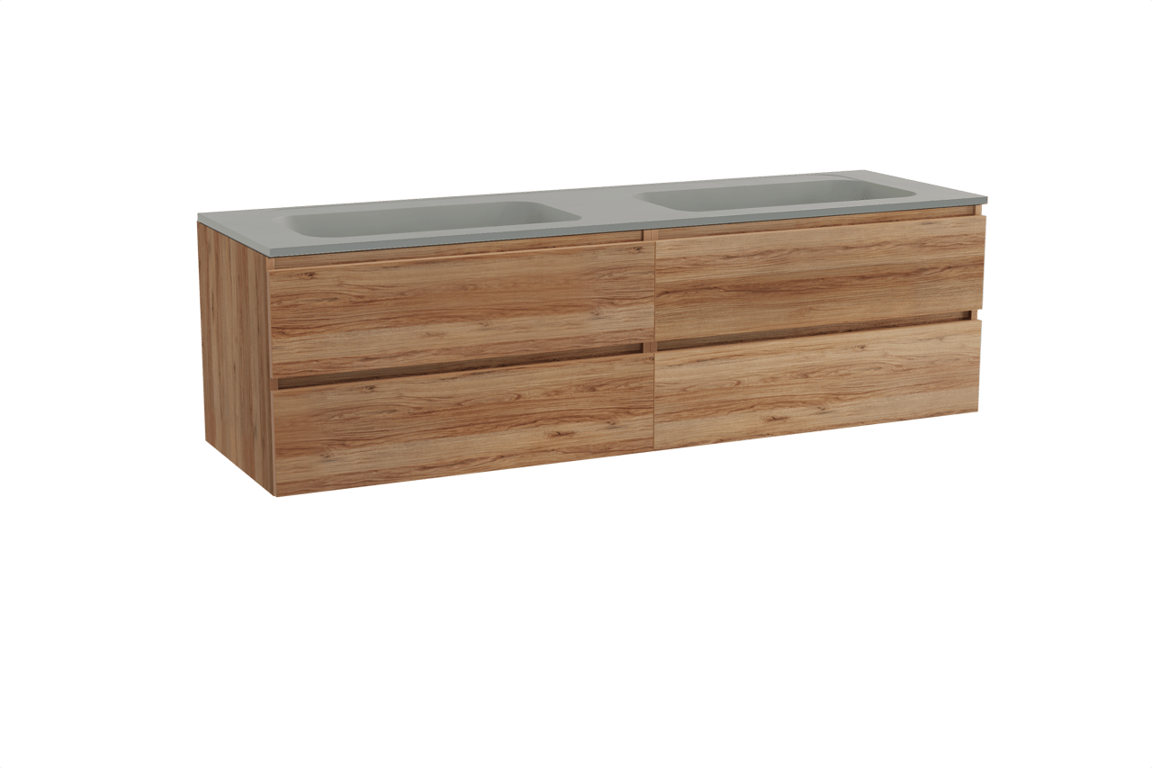 Balmani Lucida meuble salle de bains suspendu 180 x 55 cm teck avec Tablo Strada double vasque en marbre composite soie grise