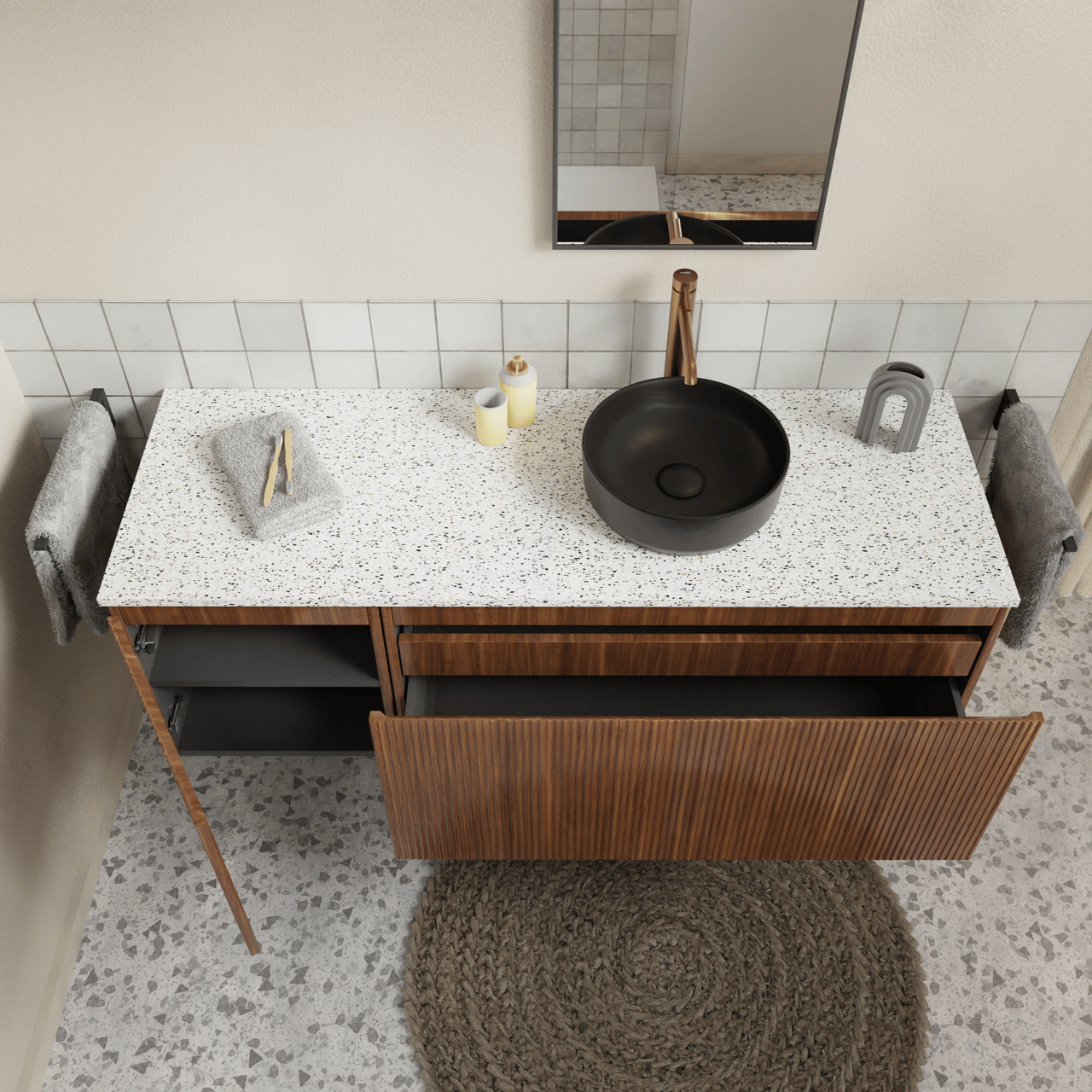 Storke Ribs meuble sous-lavabo suspendu 105 x 52 cm noyer 2 tiroirs