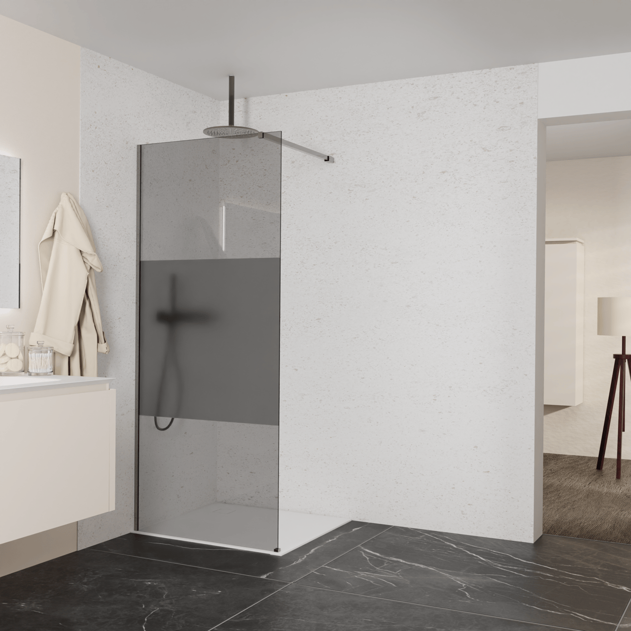 Balmani Modular Walk-In Dusche: 90 x 200 cm, Rauchglas mit mattiertem Streifen, Profil Brushed GunMetal