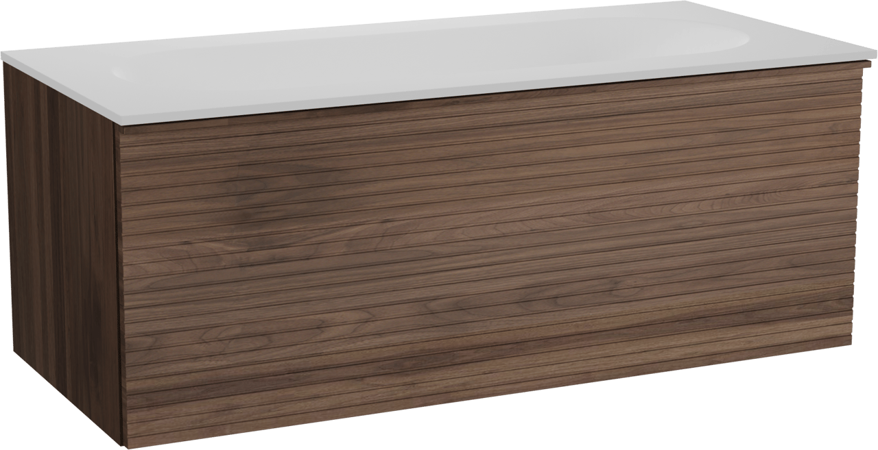 Balmani Forma zwevend badmeubel 120 x 55 cm amerikaans notenhout met Tablo Oval enkele wastafel voor 2 kraangaten in solid surface mat wit, Horizontale symmetrische rechte ribbel