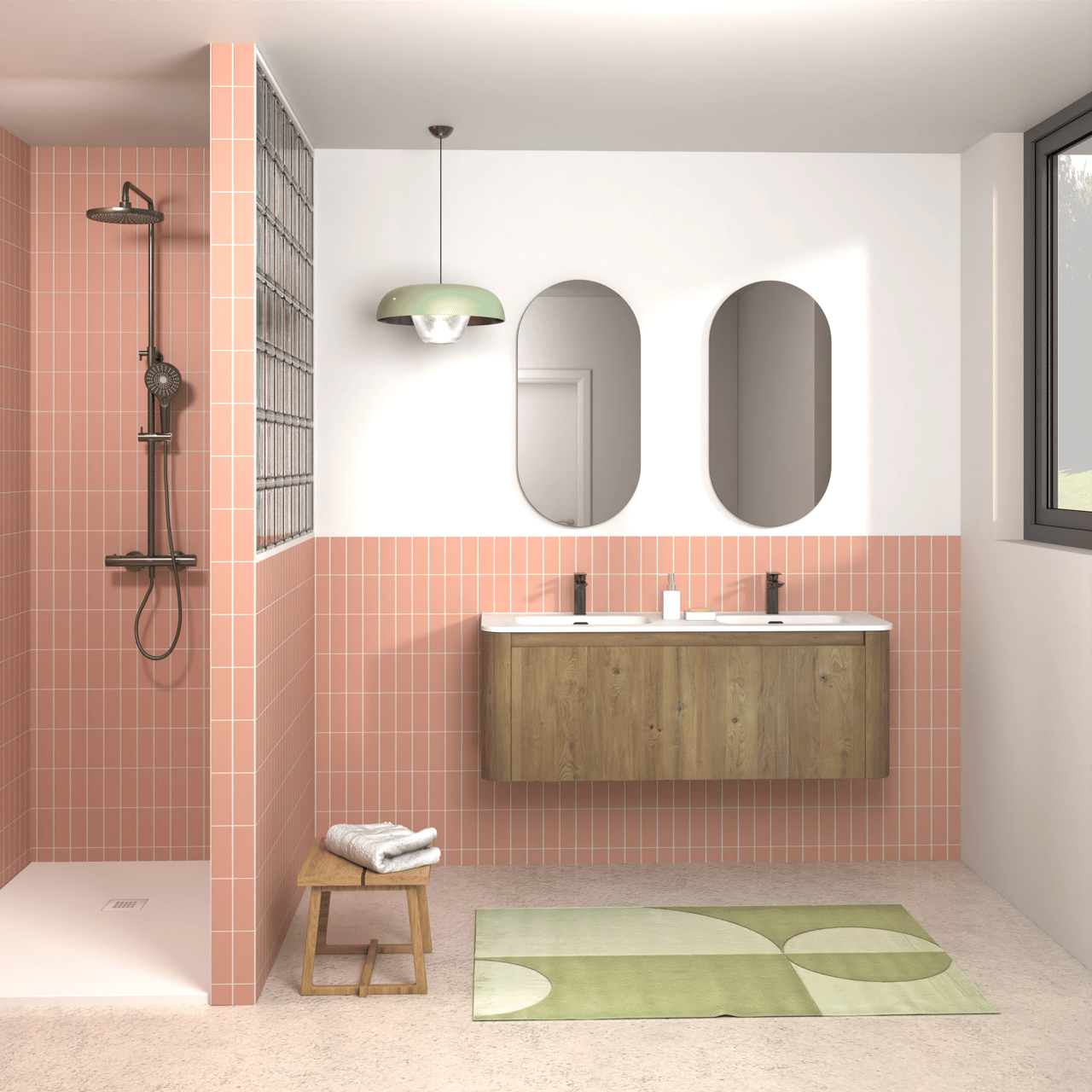 Storke Soft meuble salle de bains suspendu 140 x 46 cm chêne brut avec Kera Soft double vasque en porcelaine blanc mat
