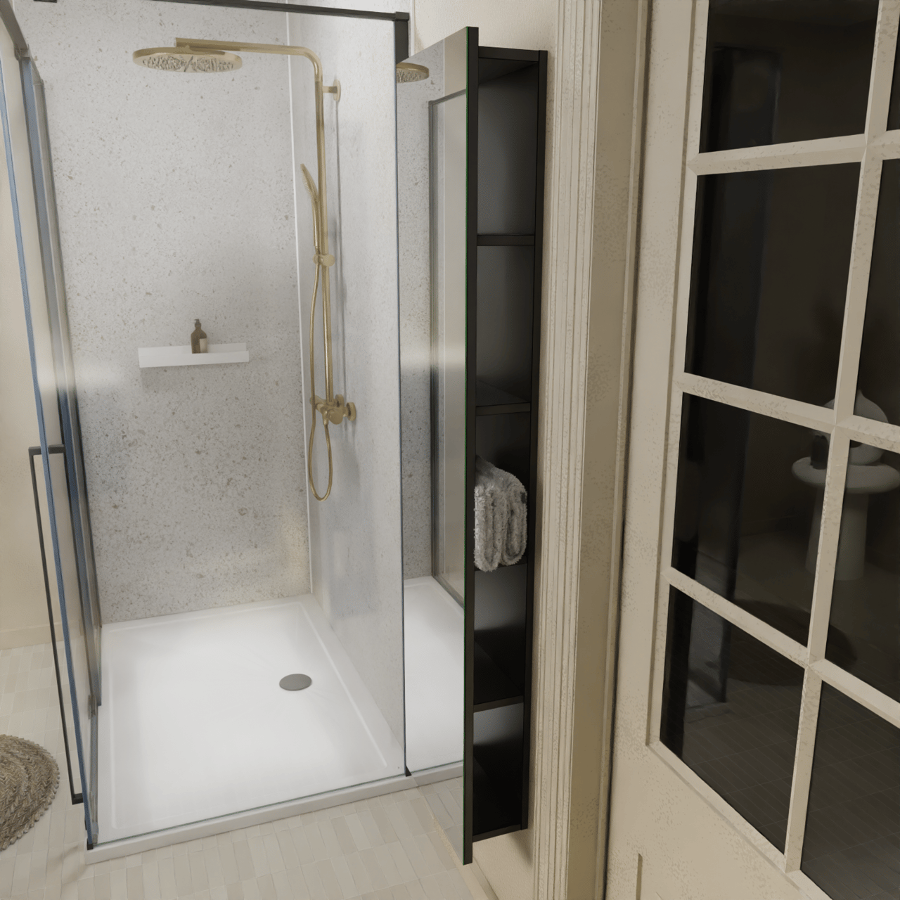 Storke zwevende badkamerkast open met spiegel mat zwart 36 x 16 x 154 cm