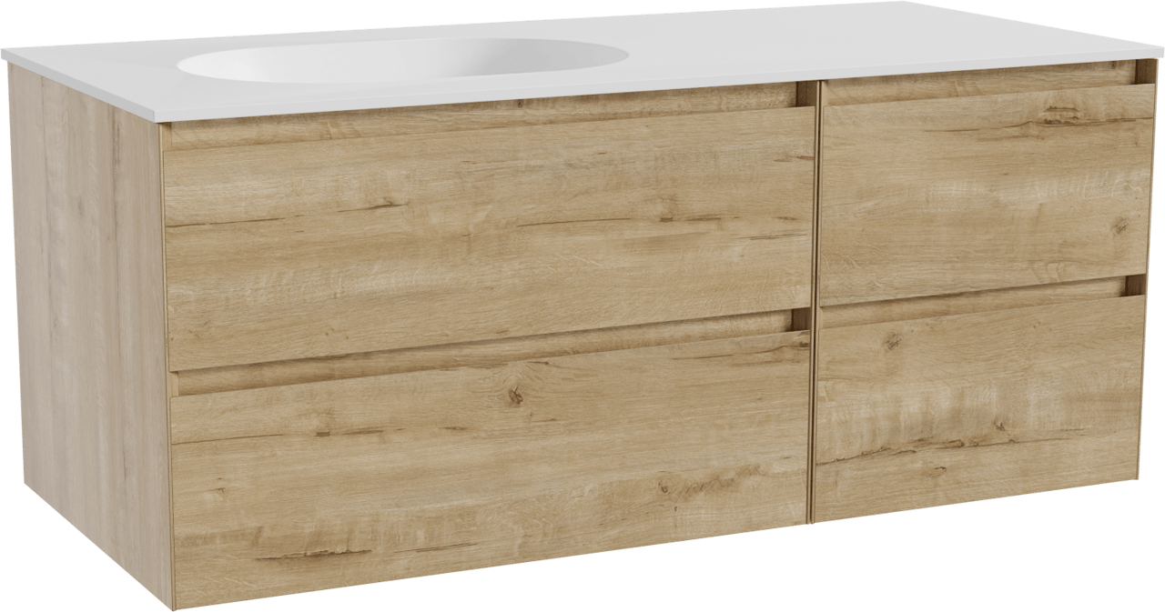 Balmani Mitra hängendes Möbelstück Set: 120 x 55 cm, Rohe Eiche, mit Tablo Oval Waschtisch links, Solid Surface Weiß matt