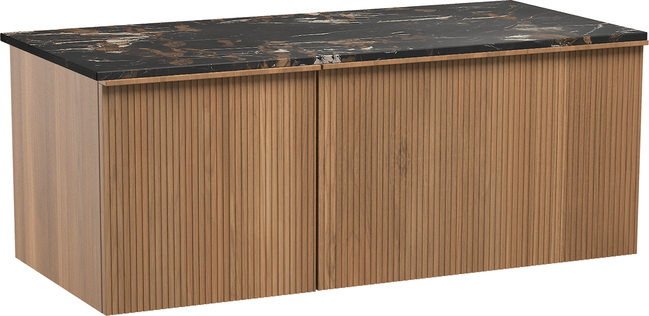 Balmani Forma zwevend badmeubel 120 x 55 cm teakhout met Stretto enkel wastafelblad in marmer portoro gold, Verticale symmetrische rechte ribbel