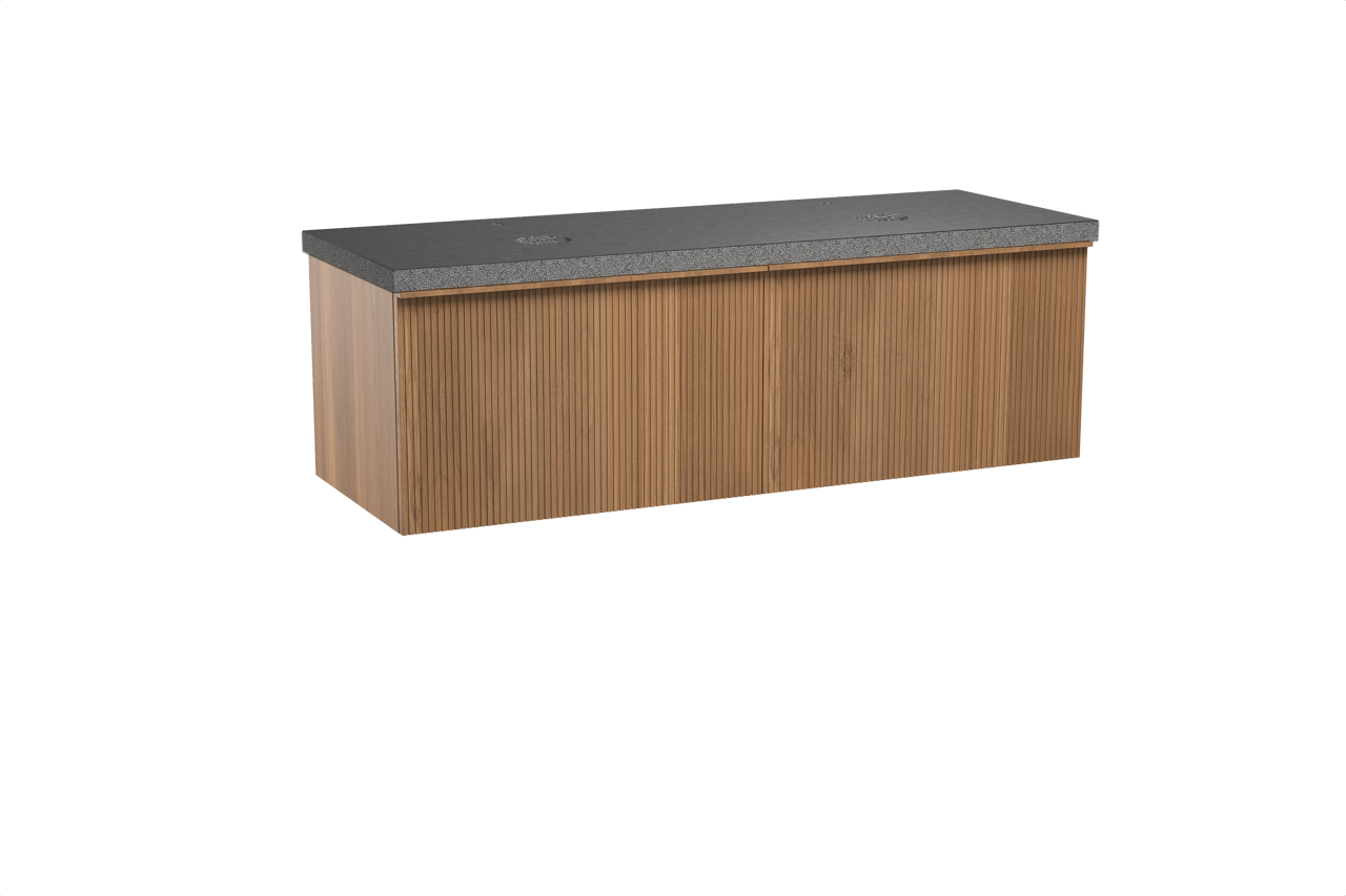 Balmani Forma hängendes Möbelstück Set: 150 x 55 cm, Teak, mit Rock Doppel Waschtischplatte, Granit, Schwarzes Granit, Vertikale symmetrische gerade Rippe