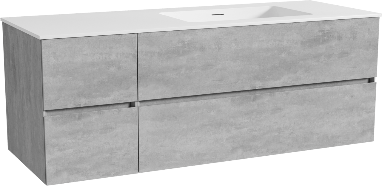 Storke Edge zwevend badmeubel 140 x 52 cm beton donkergrijs met Mata asymmetrisch rechtse wastafel in solid surface mat wit