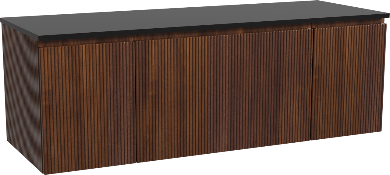 Storke Ribs zwevend badkamermeubel 145 x 52 cm notelaar met Panton enkel of dubbel tablet in gepoedercoate mdf mat zwart, Verticale symmetrische rechte ribbel