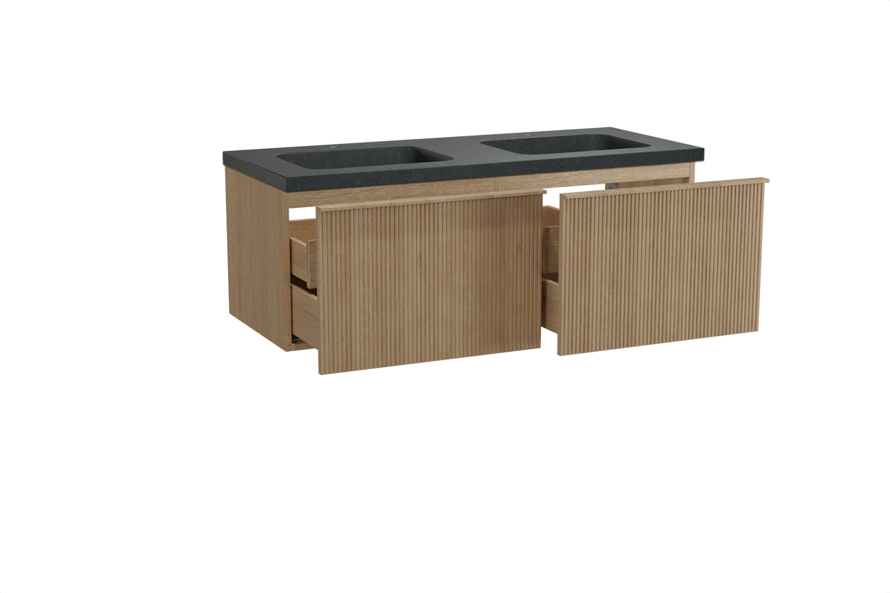 Balmani Forma zwevend badkamermeubel 135 x 55 cm natuur eik met Napoli dubbele wastafel in graniet zwart, Verticale symmetrische rechte ribbel