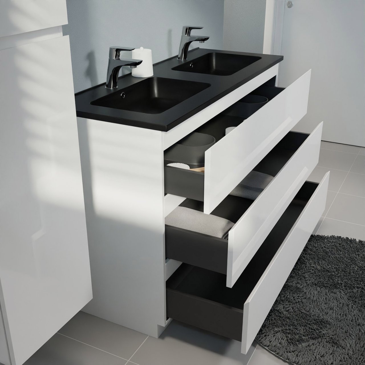 Linie Lado meuble salle de bains à poser 120 x 46 cm blanc mat avec Vano double vasque en marbre composite noir mat