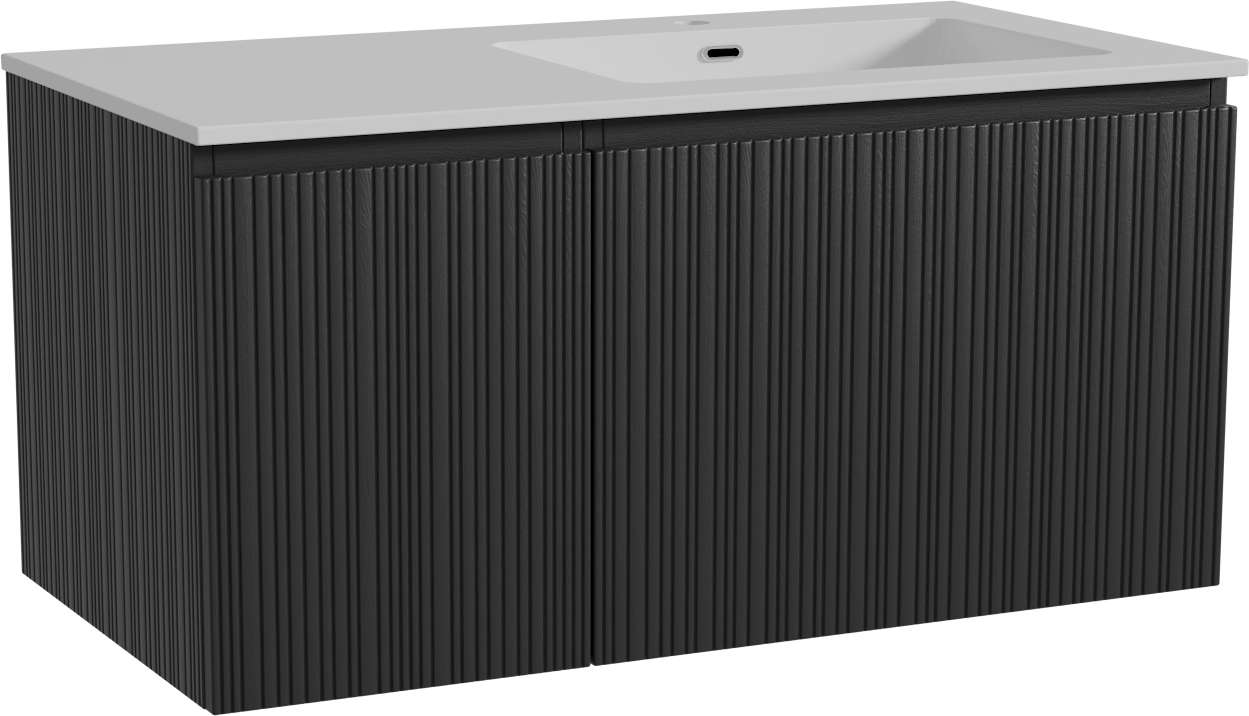 Storke Ribs zwevend badmeubel 100 x 52 cm zwart eiken met Diva asymmetrisch rechtse wastafel in composietmarmer hoogglans wit, Verticale asymmetrische rechte ribbel