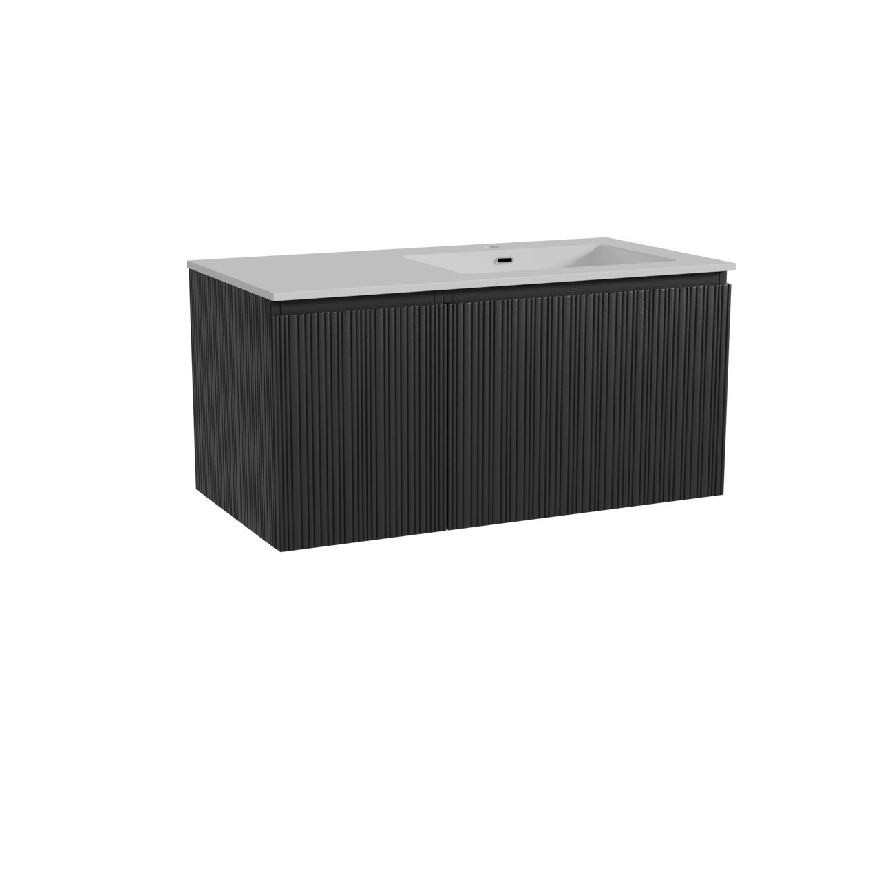 Storke Ribs meuble salle de bains suspendu 100 x 52 cm chêne noir avec Diva vasque asymétrique droite en marbre composite blanc brillant, Nervure droite asymétrique verticale